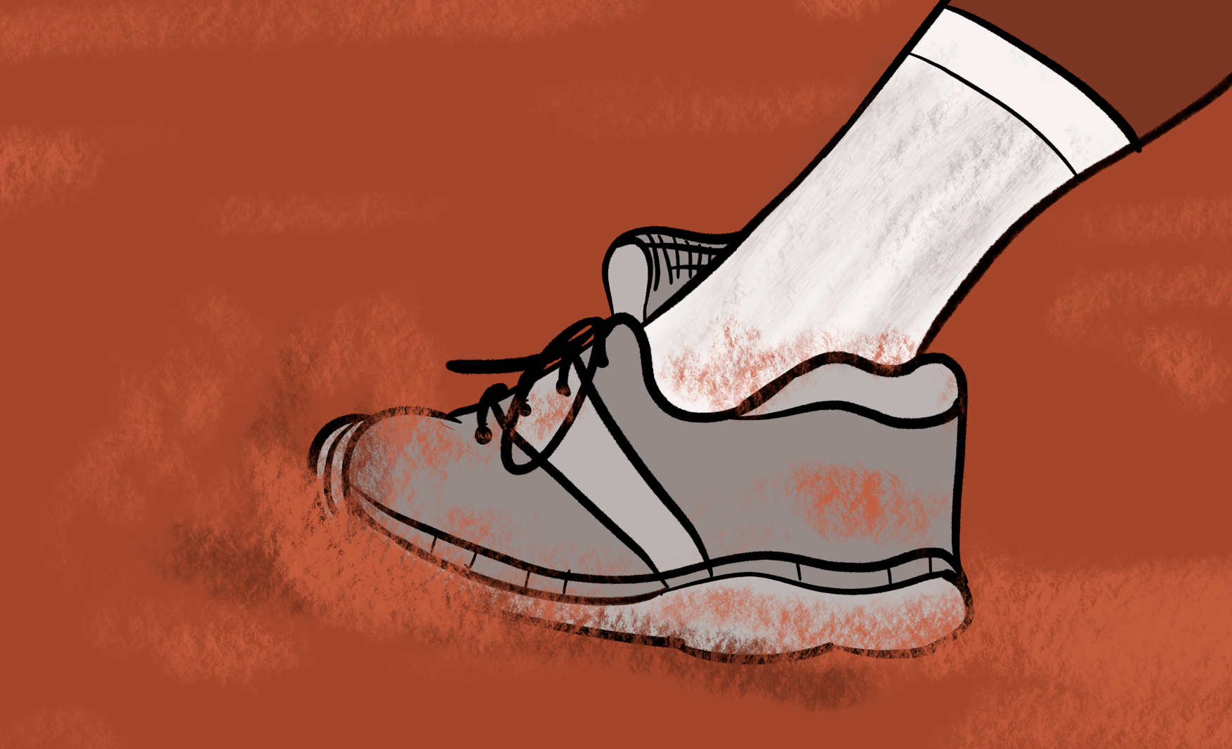 Illustration of a tennis player sliding to a stop on a red clay tennis court