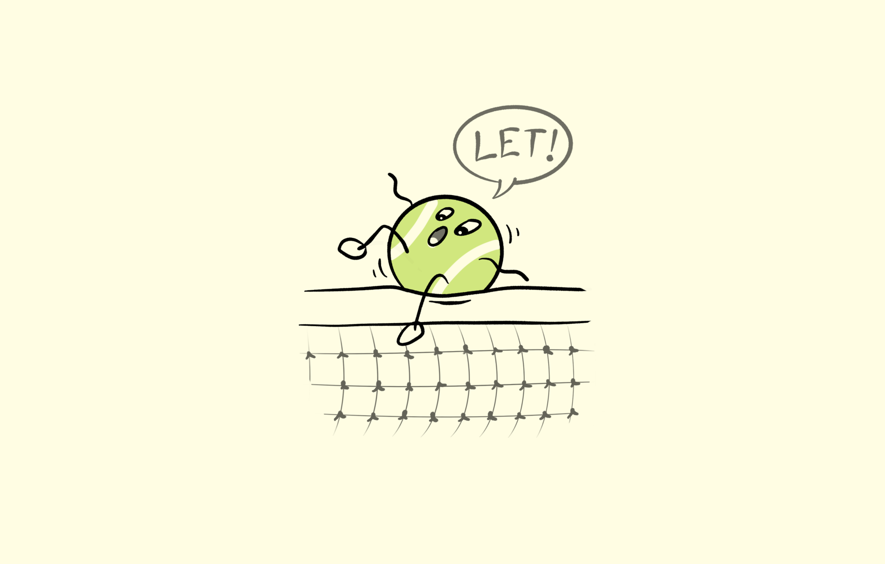 Illustration of a tennis ball hitting the net as a representation for "let" in tennis