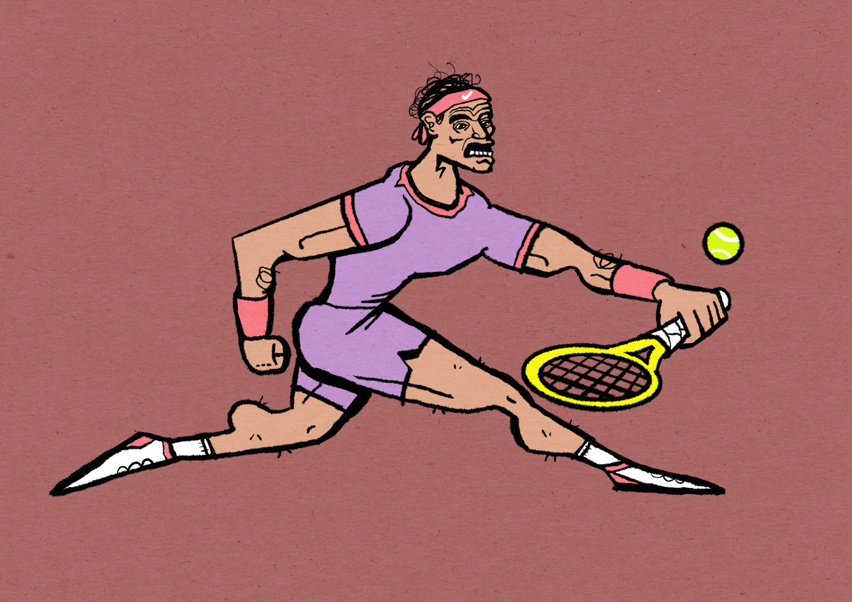 cartoon illustration of Rafa Nadal lunging for a tennis ball