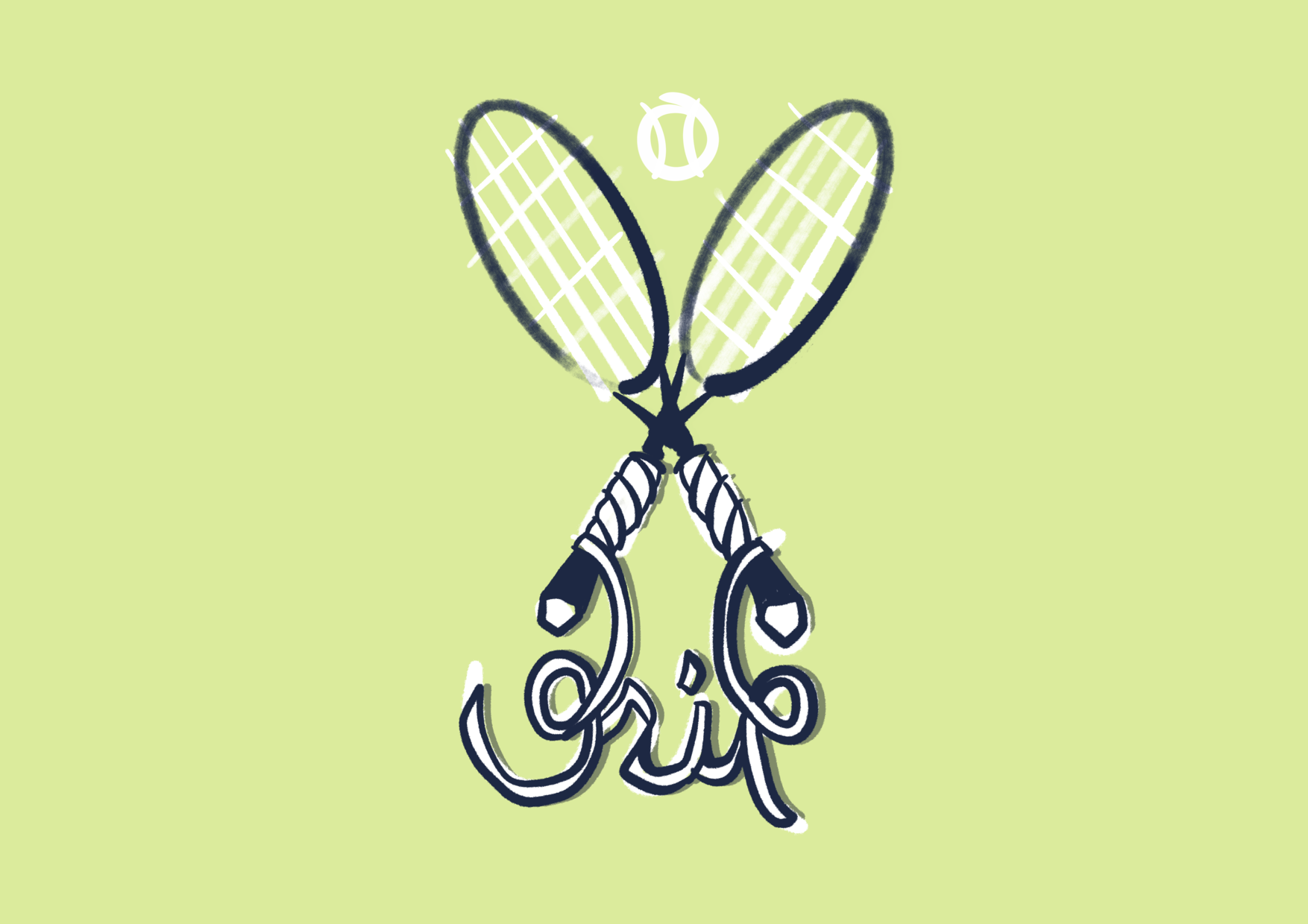 Illustration of two tennis racquets with the tennis grip unraveling spelling the word grip