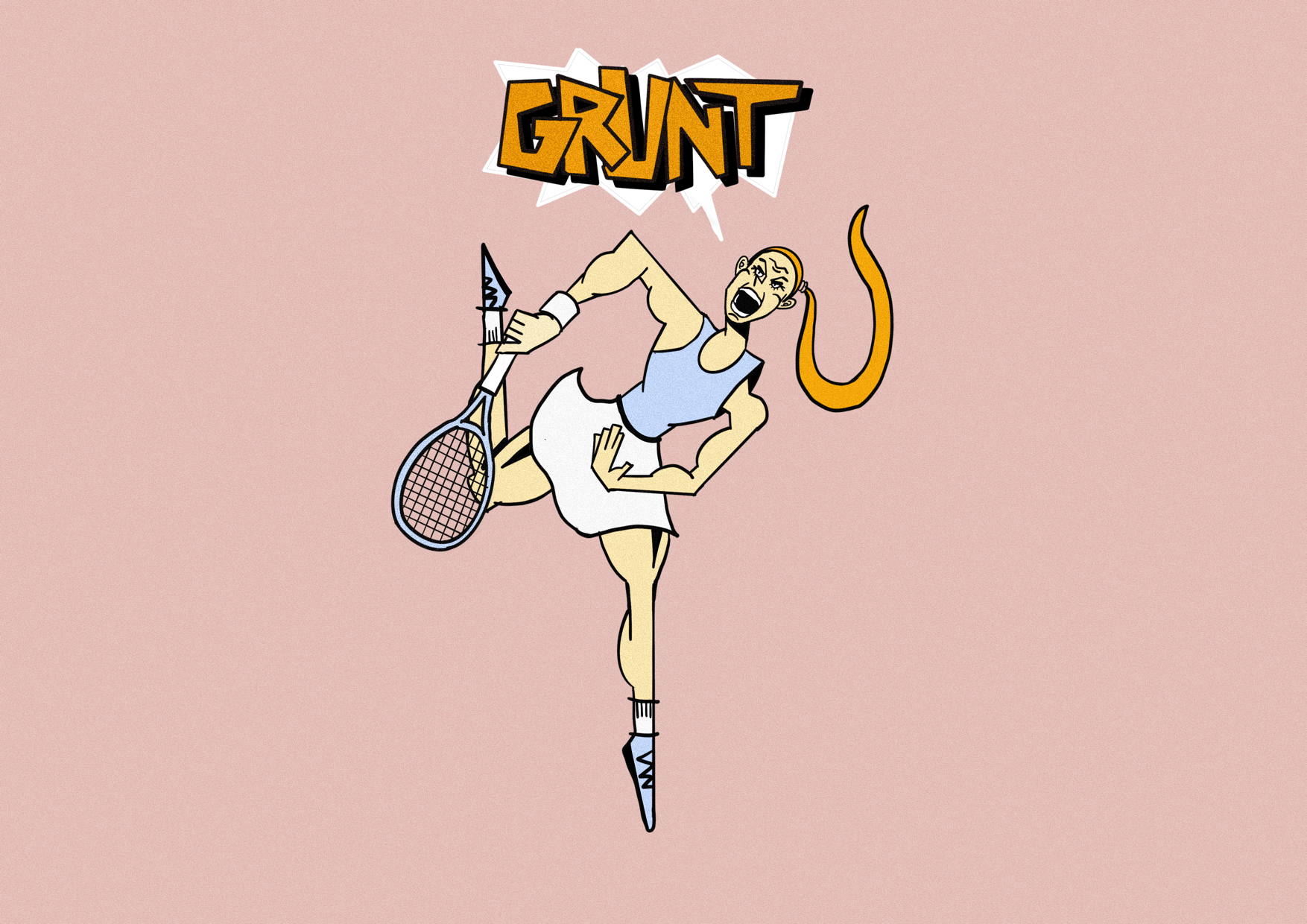 Illustration of a female tennis player serving and grunting