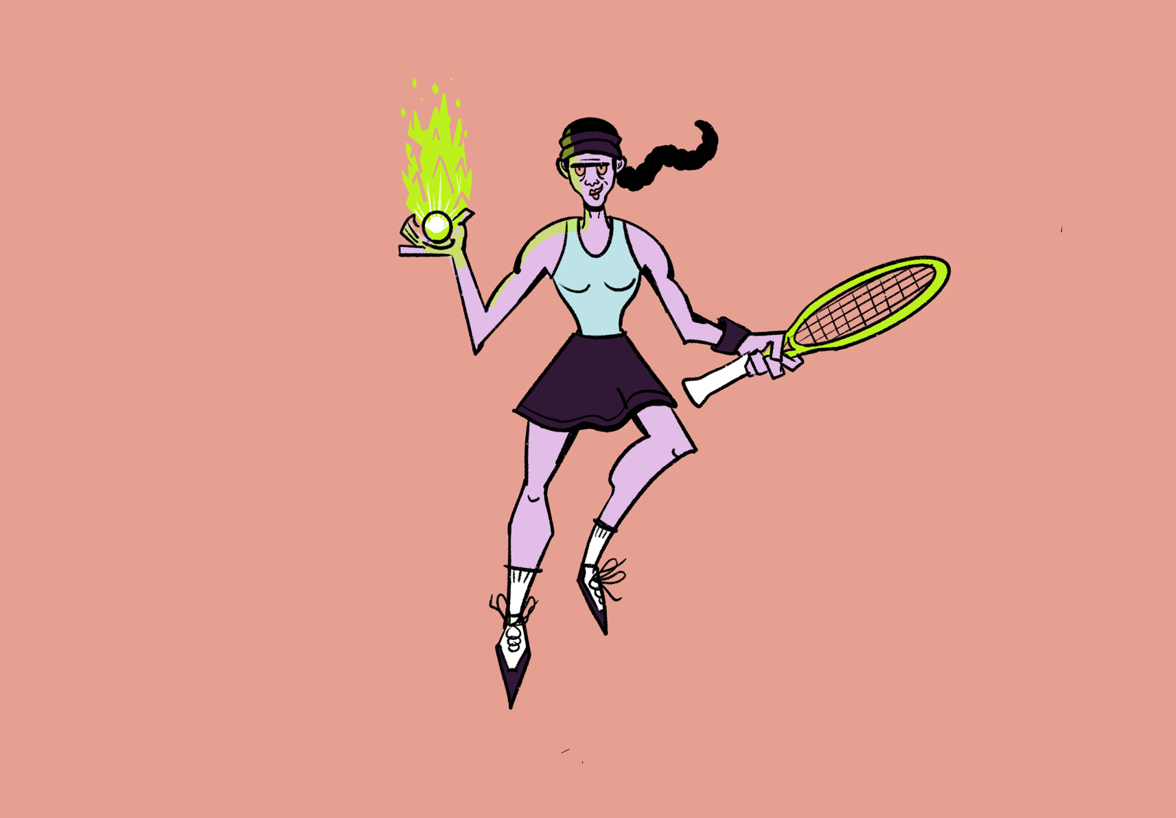 illustration of a female tennis player holding a glowing tennis ball and levitating above the ground, leveling up to a new rating