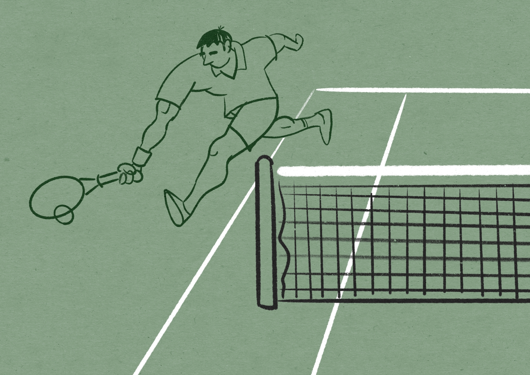 Illustration of a tennis player hitting a ball around the net