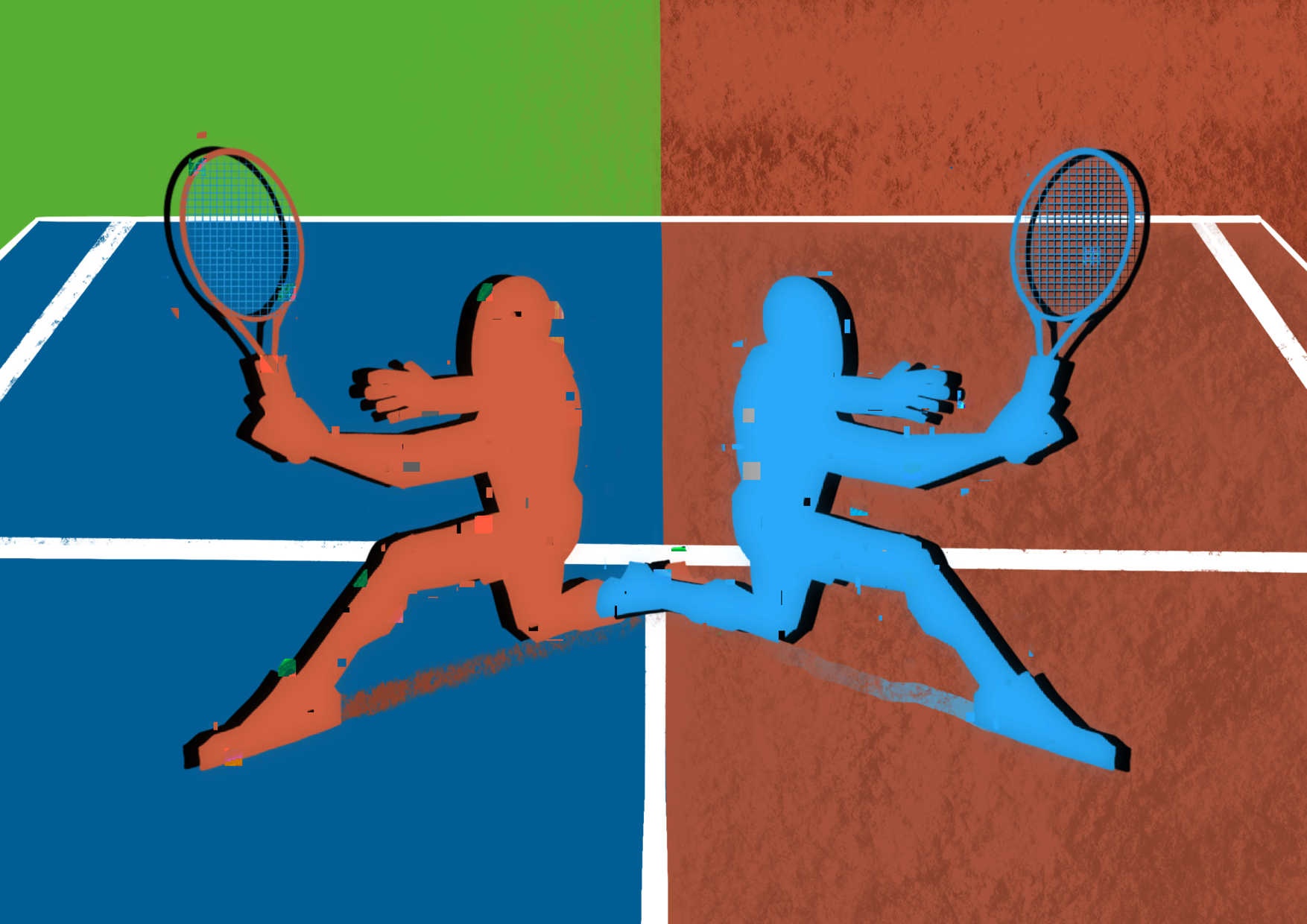 Illustration of hard and clay court players going from one court to another