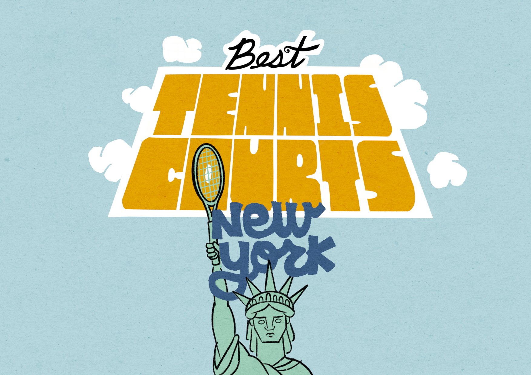 Illustration of text and title of New York with the Statue of Liberty holding a tennis racquet