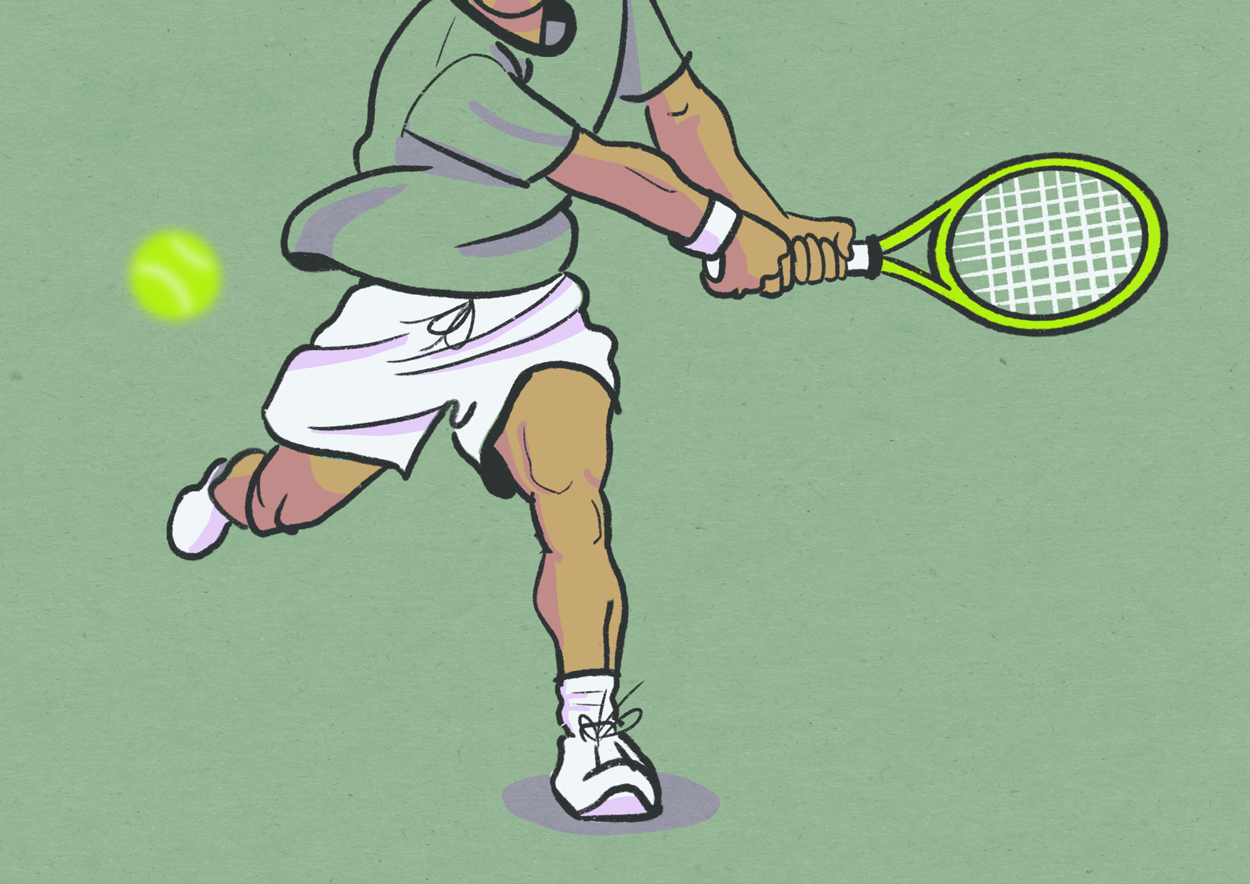 Illustration of a man running and gearing up to hit a backhand with the tennis ball in the foreground