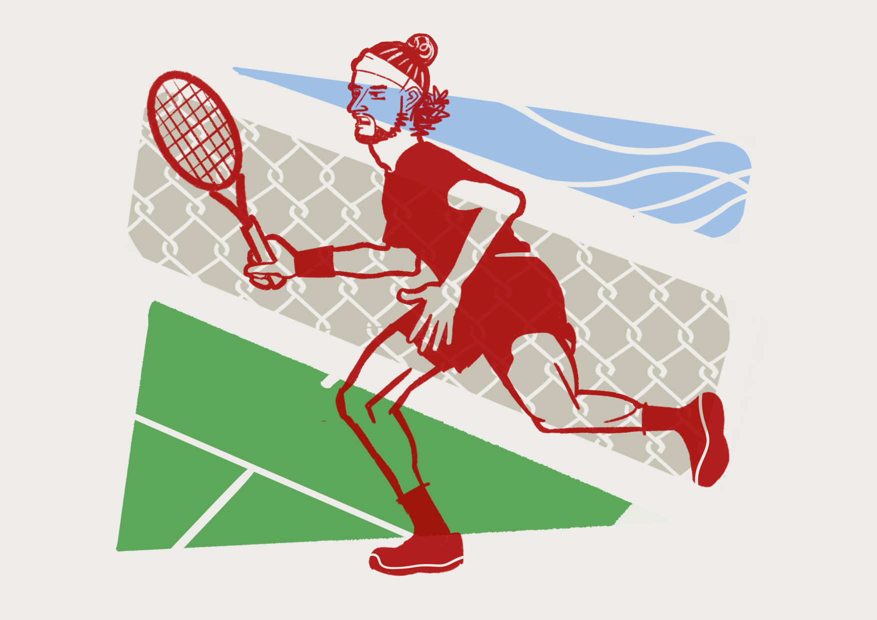 Illustration in the style of woodblock print of a male tennis player running for a forehand