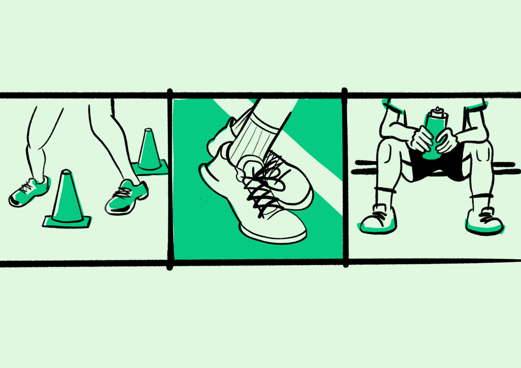 Illustration of the steps of before, during, and after tennis match. Agility drills, feet at the service line, and resting after a match