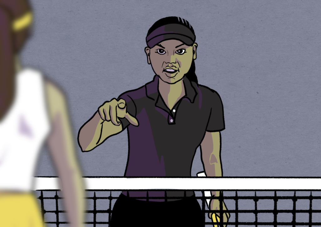 Illustration of a tennis coach giving instruction to a child student