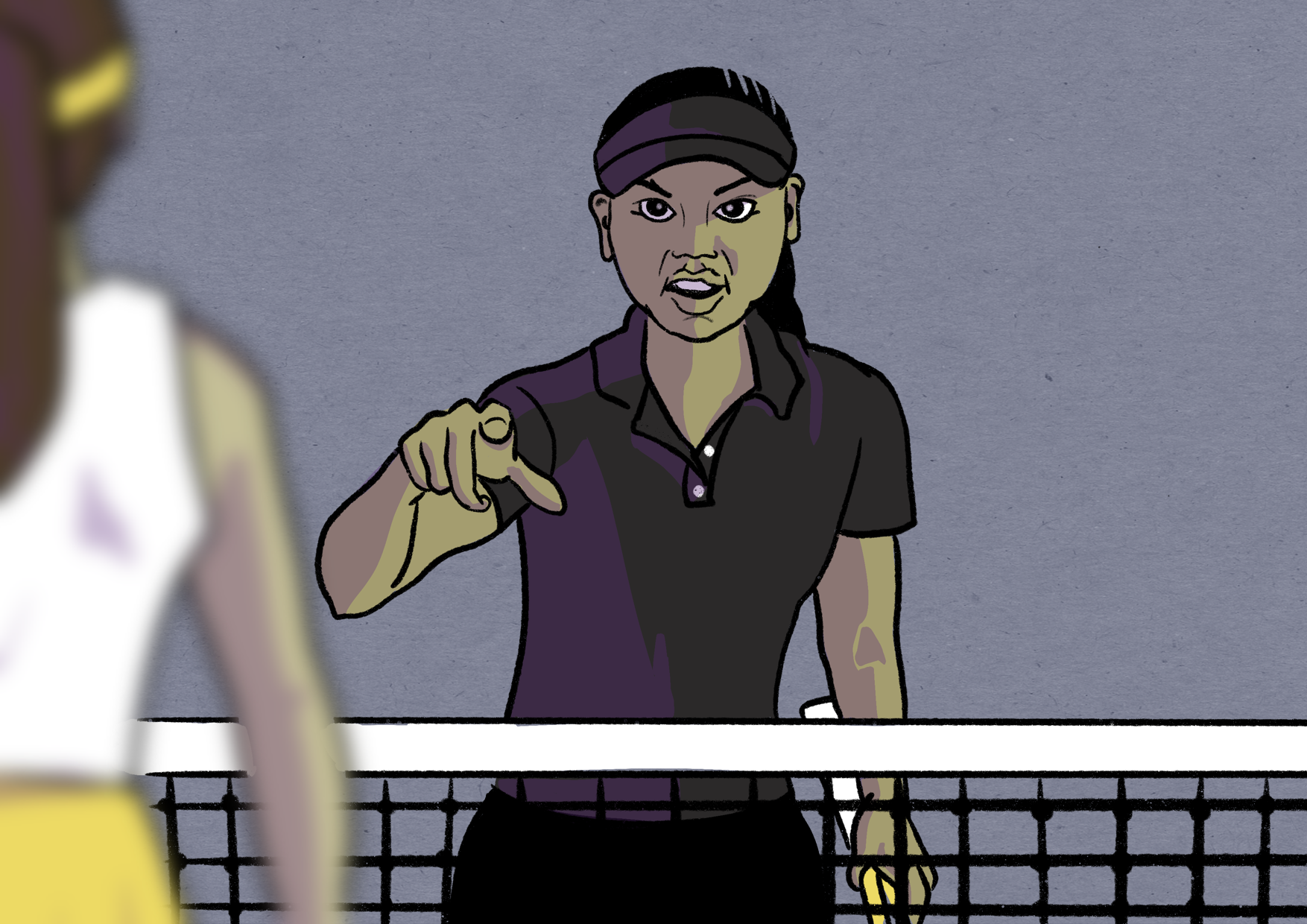 Illustration of a tennis coach giving instruction to a child student